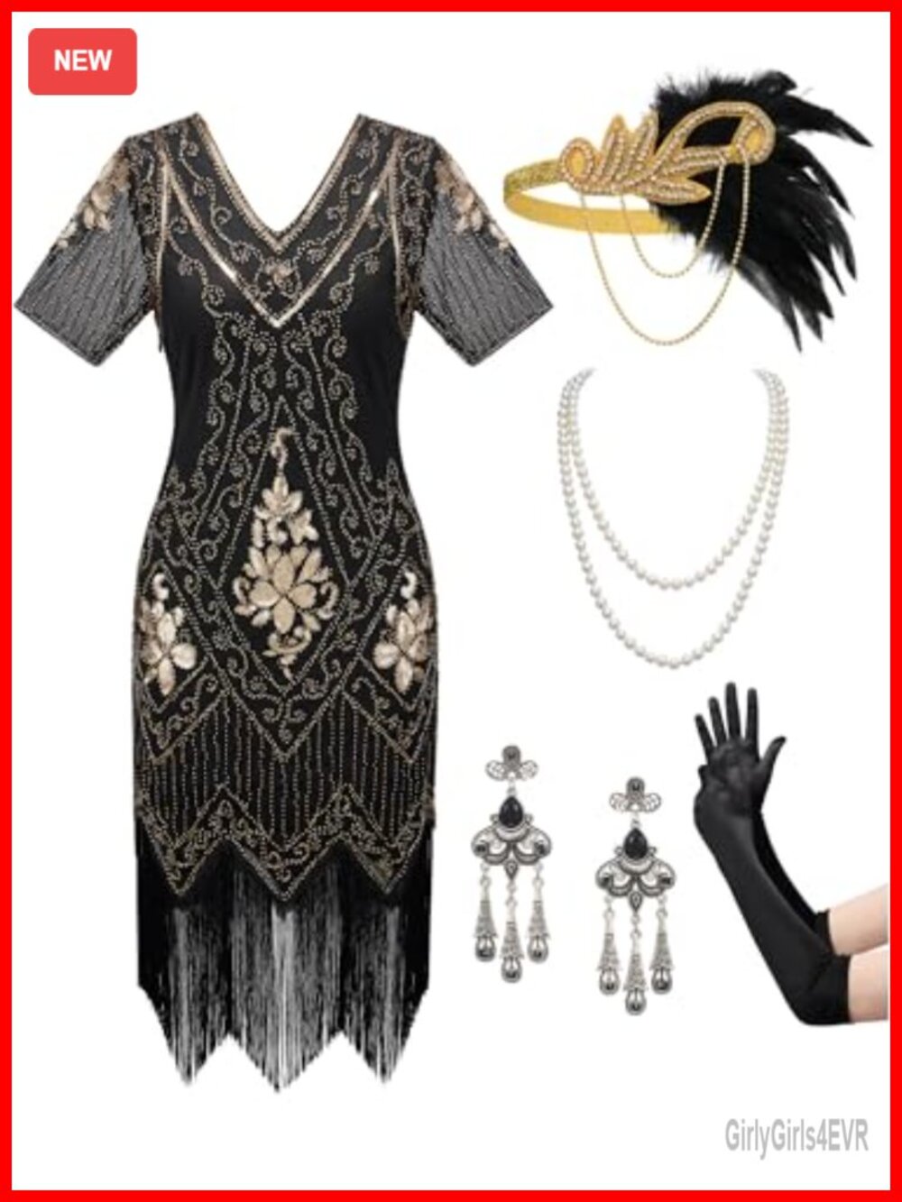 1920s Flapper Dress Set Fringed Sequin Gatsby Costume with Accessories